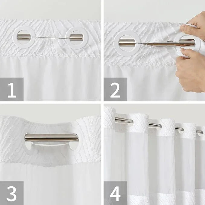 eachope stall no Hook Tufted Shower Curtain with snap in Liner Set, White Waterproof Fabric Inner Liner,Boho Style Shower Curtain with See Through top Window, White, 36Wx74H - ModernBath