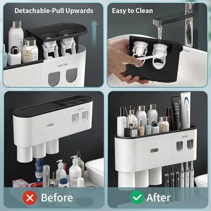 BHeadCat Toothbrush Holders Wall Mounted, Toothbrush Holder with Automatic Toothpaste Dispensers, 6 Brush Slots, 3 Magnetic Cups,1 Cosmetic Drawer Organizer and 1 Large Storage Tray - ModernBath