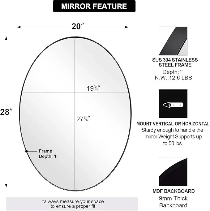 ANDY STAR Black Oval Mirrors for Bathroom, 20x28 Inch Matte Black Stainless Steel Metal Framed Oval Wall Mirror, Modern Vanity Mirror Wall Mount Horizontal or Vertical - ModernBath