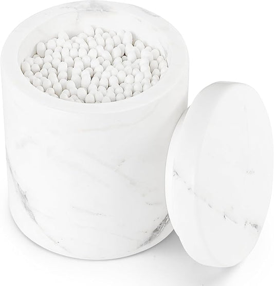 N NANSHOP Natural Marble Canister, Cotton Swab Holder with Lid, High Capacity Bathroom Qtip Holder Storage for Cotton Swab, Floss Picks, Makeup Pad, Bath Salt, Jazz White(NS020)