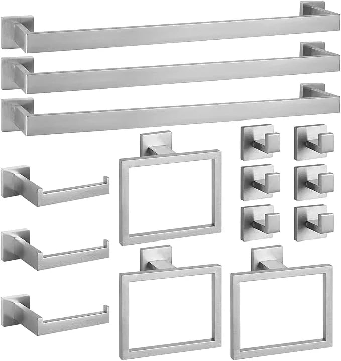 Cilee 15-Pieces Bathroom Hardware Set - Brushed Nickel Bathroom Accessories, 24 Inch Towel Bar, Square Towel Ring, Toilet Paper Holder, Towel Hook, Wall-Mounted Stainless Steel Towel Bar Rack Set - ModernBath