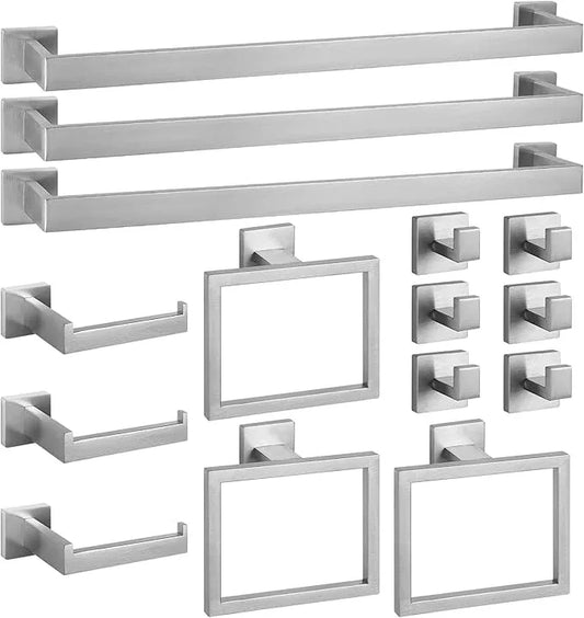 Cilee 15-Pieces Bathroom Hardware Set - Brushed Nickel Bathroom Accessories, 24 Inch Towel Bar, Square Towel Ring, Toilet Paper Holder, Towel Hook, Wall-Mounted Stainless Steel Towel Bar Rack Set - ModernBath