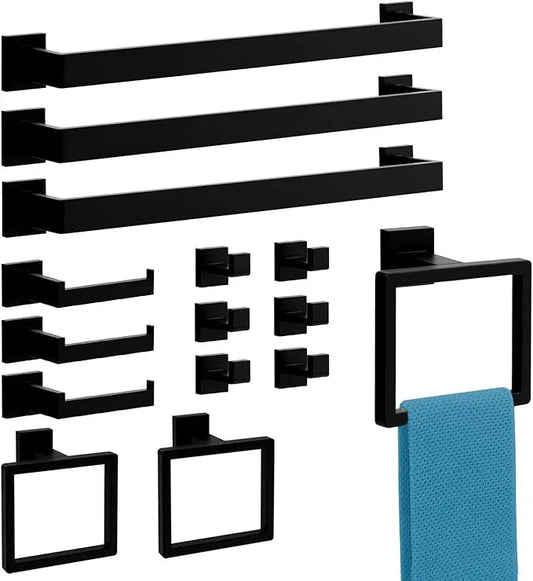 15-Pieces Matte Black Bathroom Accessories Set, 16 Inch Bath Towel Bar Set, SUS 304 Stainless Steel Bathroom Hardware Set, Towel Racks for Bathroom Wall Mounted - ModernBath