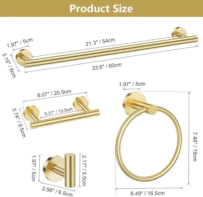 TQKAG Brushed Gold 5 Piece Bathroom Hardware Accessories Set 23.6" SUS304 Stainless Steel Bathroom Towel Bar Holder Sets Double Post Pivoting Toilet Paper Holder Set Wall Mounted - ModernBath