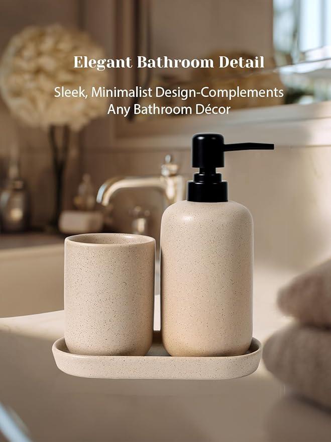 INGOFIN 3 Pcs Ceramic Bathroom Accessory Set - Liquid Soap Dispenser, Toothbrush Holder & Tray, Bathroom Counter Set, Countertop Essentials for Home, Guest Bathroom, or Office Use, Beige - ModernBath
