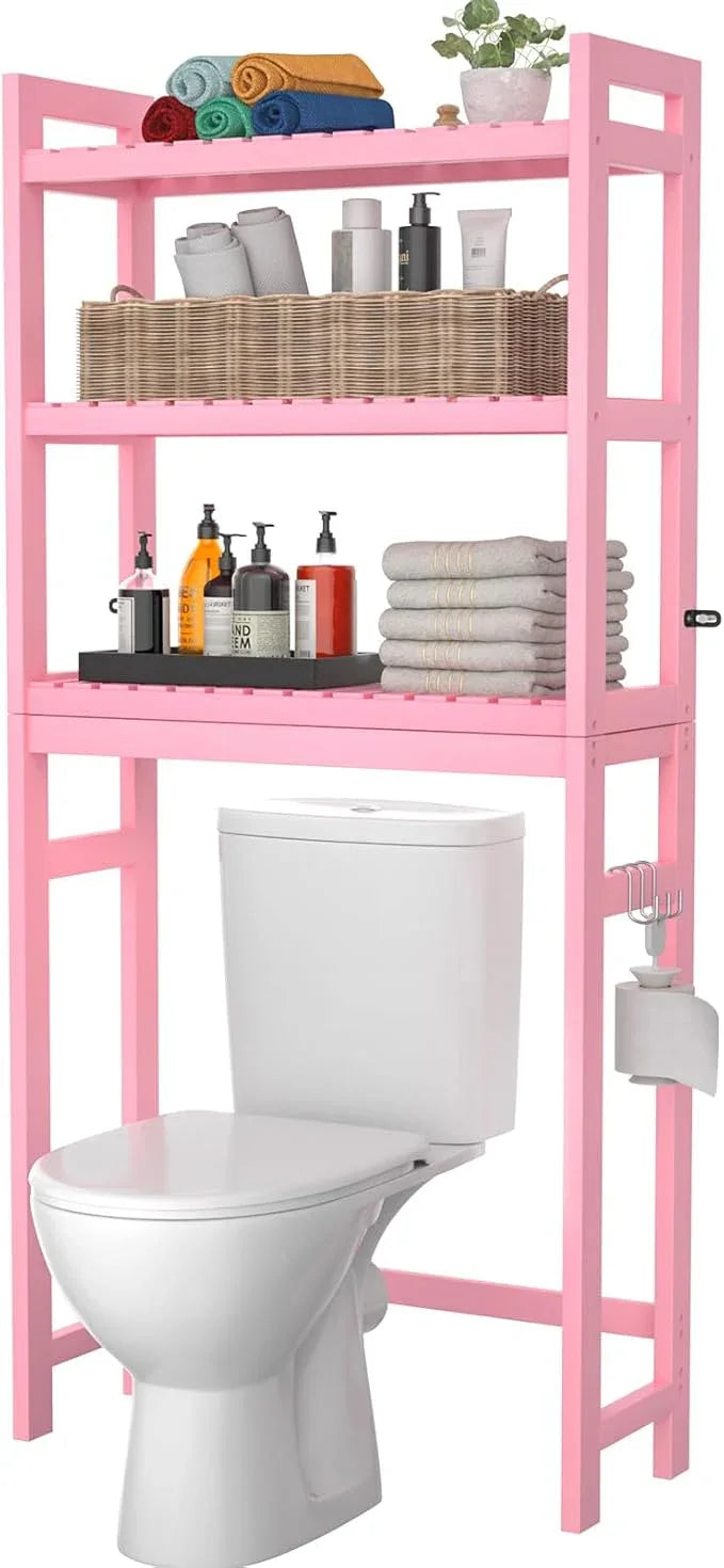 Homykic Bamboo Over The Toilet Storage Shelves, 3-Tier Above Toilet Storage Organizer Rack with 3 Hooks, Freestanding Bathroom Tower Shelf Unit for Small Space, No Rust, Easy to Assemble, Pink - ModernBath