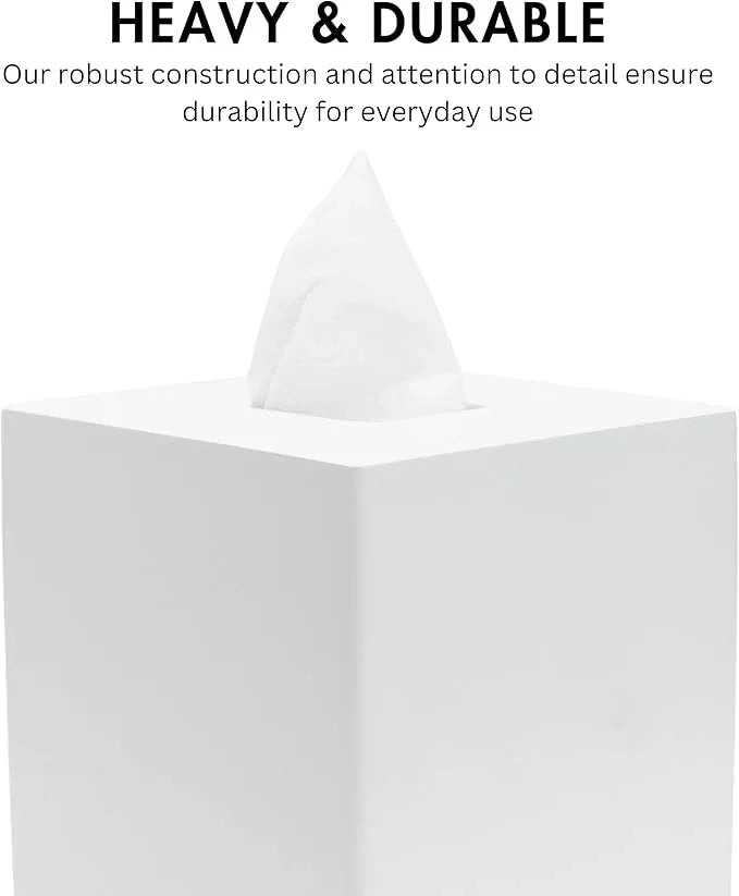 Yew Design Matte White Square Tissue Box Cover, Decorative Tissue Box Dispenser for Bathroom, Parlors, Office, Bedroom Dresser, Vanity Countertop, Nightstand, Car, and Desk - ModernBath