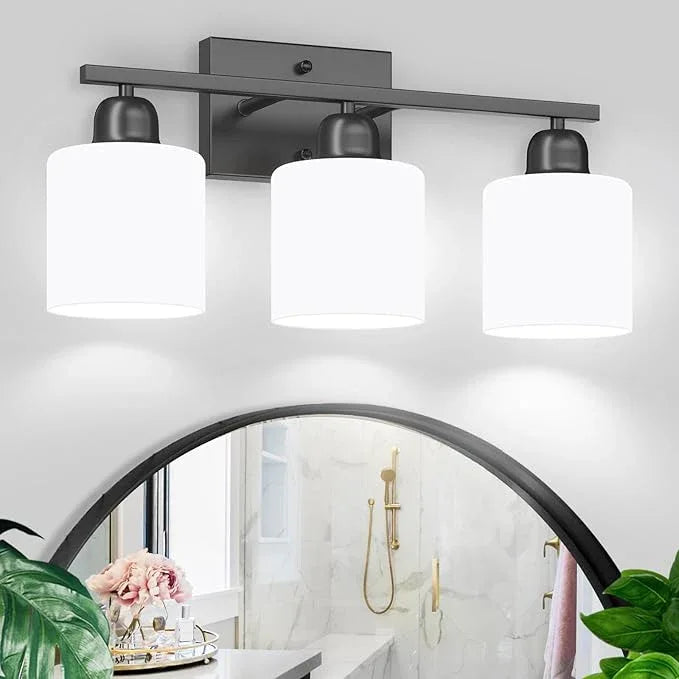 FAISHILAN 3-Light Bathroom Light Fixtures, Black Bathroom Vanity Lights with Milky White Frosted Glass Shades, Black Vanity Light for Bathroom Mirror, Bedroom, Living Room, Vanity Table, E26 Base - ModernBath