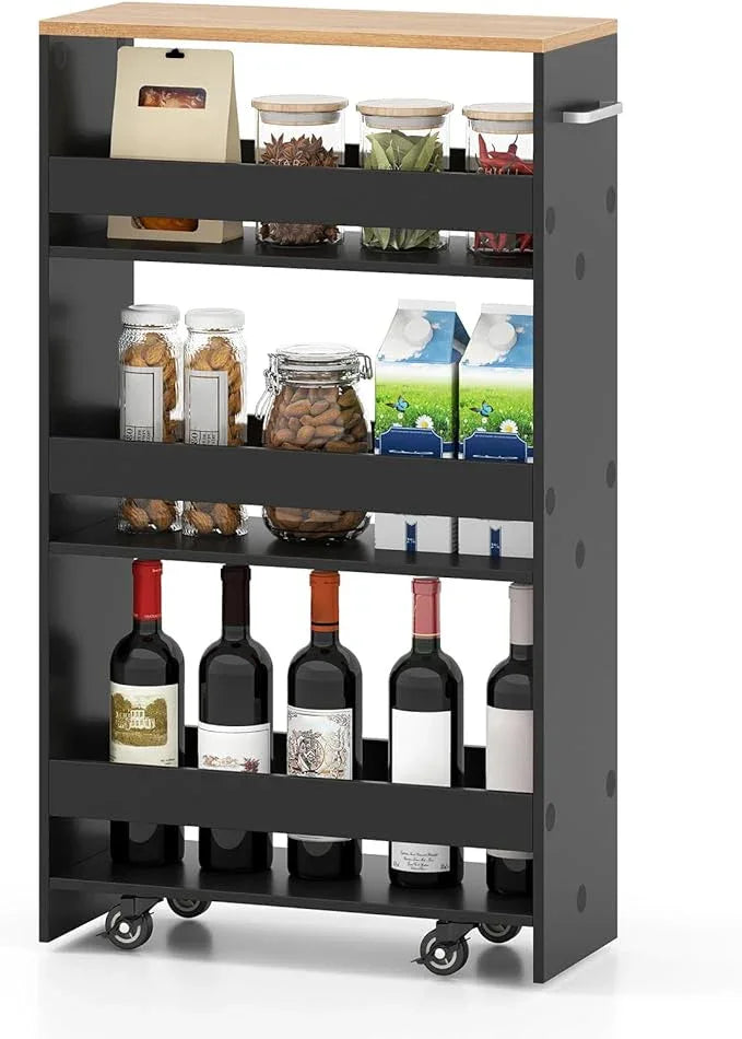 Small Kitchen Cart, 4-Tier Slim Rolling Island w/Handle, Laundry Room Storage Organizers Between Washer and Dryer, Narrow Spice Rack on Wheels Next to Fridge (Black, 8'') - ModernBath