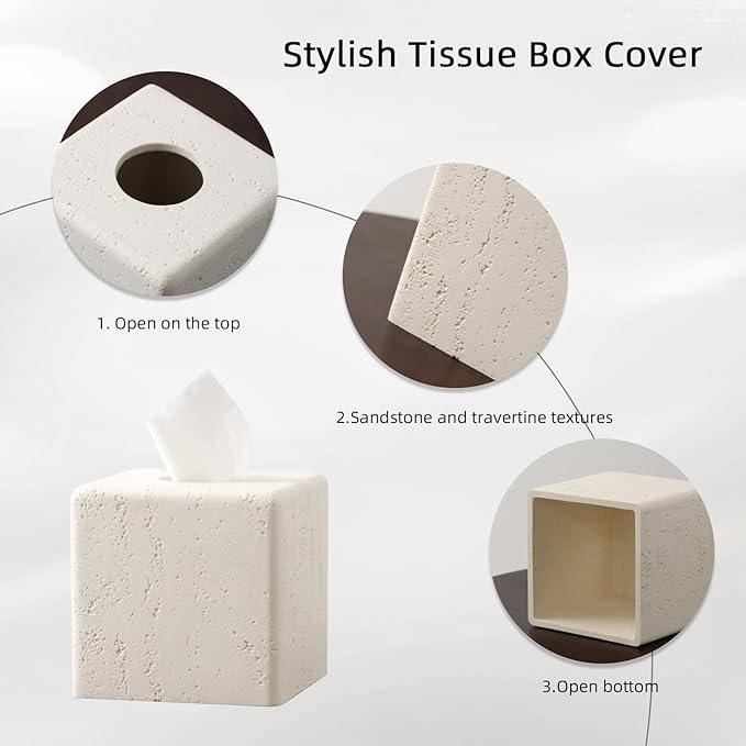 Haocoott Tissue Box Cover Square, Resin Facial Tissue Holder Covers Toilet Paper Holder Decorative Travertine Paper Dispenser Home Decor for Bathroom Bedroom Living Room Office (Off White) - ModernBath