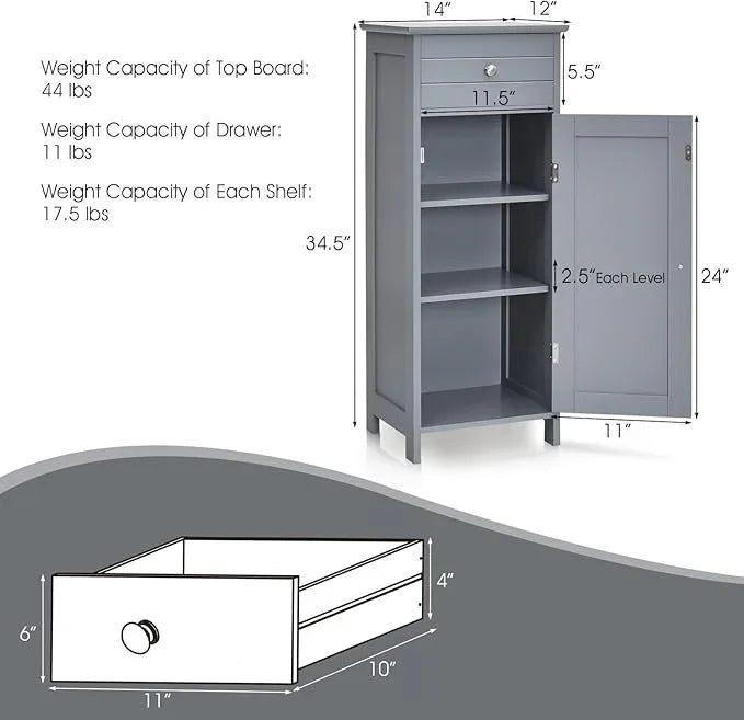 HAPPYGRILL Bathroom Floor Cabinet, Single Door Floor Storage Cabinet Organizer with Drawer and 3-Level Adjustable Shelves, Bathroom Cabinets Freestanding with Anti-Tipping Device for Living Room - ModernBath
