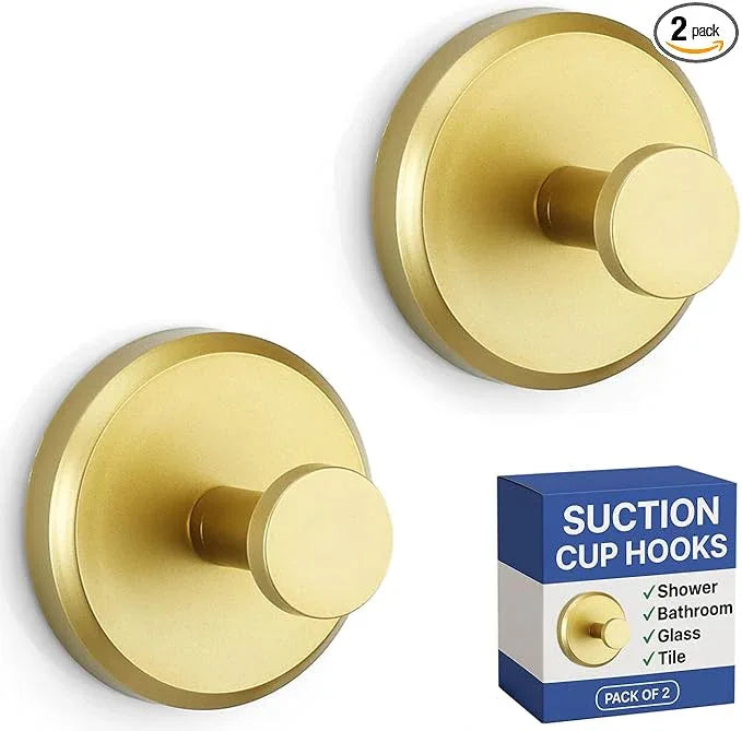HOME SO Suction Cup Hooks for Shower, Bathroom, Kitchen, Glass Door, Mirror, Tile – Loofah, Towel, Coat, Bath Robe Hook Holder for Hanging up to 15 lbs – Waterproof, Matte Brushed Satin Gold (2-Pack) - ModernBath