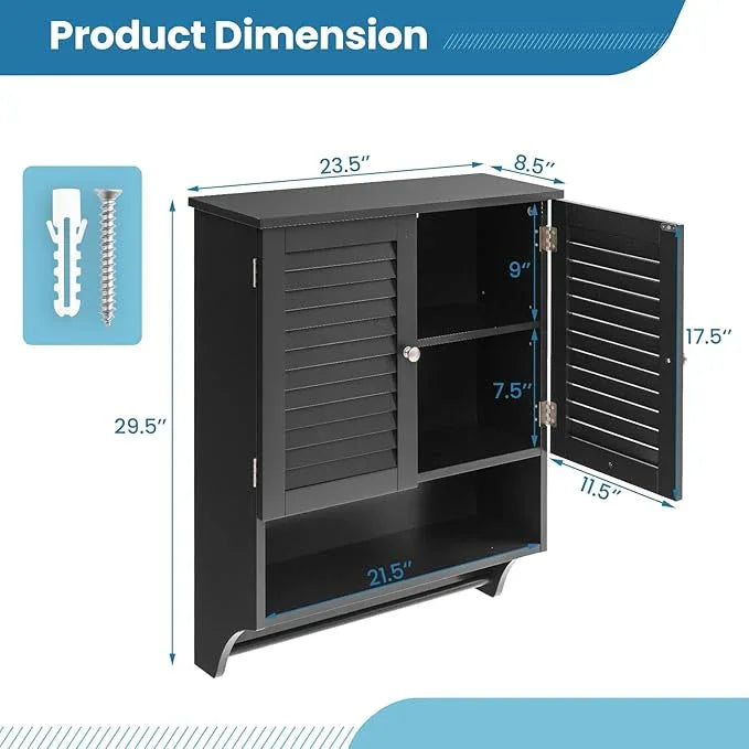 Giantex Bathroom Cabinet Wall Mounted - Hanging Medicine Cabinet with 2 Louvered Doors, 3-Position Adjustable Shelf, Towel Bar, Over The Toilet Space Saver (Black) - ModernBath