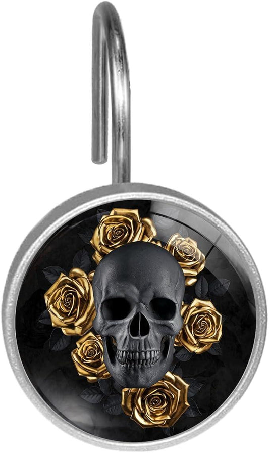 Black Skull with Gold Roses Shower Curtain Hooks Set of 12 Rustproof Metal Decorative Shower Hooks for Curtains Rods Shower Curtain Rings for Bathroom Living Room Bedroom - ModernBath