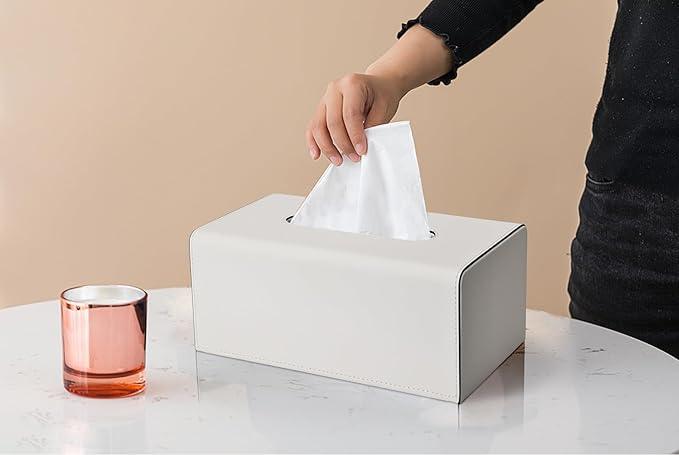 KINGFOM Tissue Box Cover, PU Leather Rectangular Tissue Box Holder with Magnetic Bottom Cover for Facial Tissues/Napkins, Office & Living Room Decor Box (Ivory White) - ModernBath