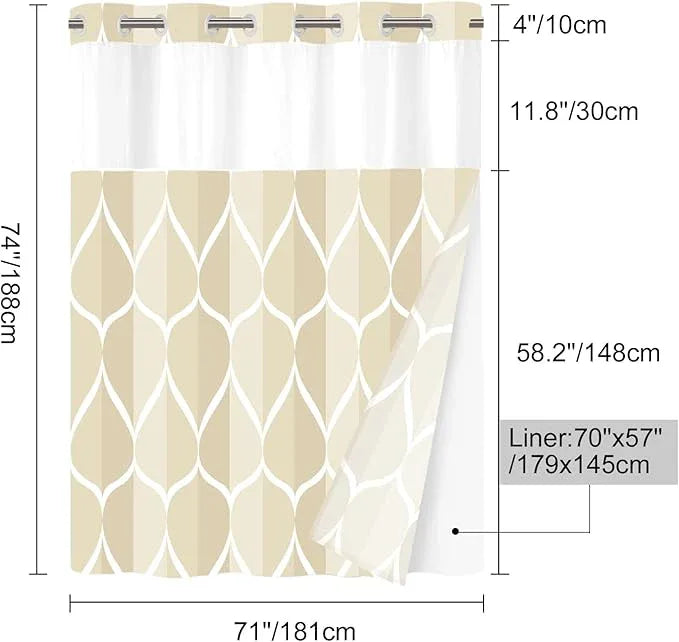 Yiatn No Hook Ivory Luxury Double Shower Curtain with Snap in Fabric Liner Set-Hotel Style with See Through Mesh Top Window, Modern Geometric Waterdrop Design,71x74 INCH - ModernBath