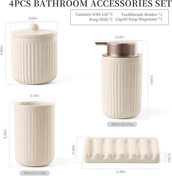 BosilunLife Bathroom Accessories Set - Ceramic Bathroom Set Bathroom Decor Sets Bathroom Counter Lotion Soap Dispenser and Toothbrush Holder Set, Soap Dish, Apothecary Jar (Striped Apricot) - ModernBath