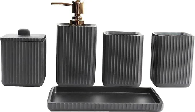 Hymmah Black Bathroom Accessories Set,Unique Design Bathroom Set 5 Pcs Resin Gift Set Apartment Necessities, Contain Cotton Swab Jar,Soap Dispenser,Soap Dish/Tray,Tumbler - ModernBath