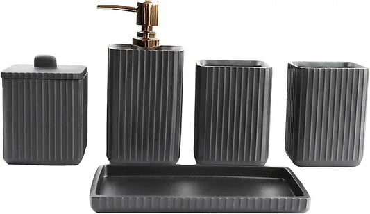 Hymmah Black Bathroom Accessories Set,Unique Design Bathroom Set 5 Pcs Resin Gift Set Apartment Necessities, Contain Cotton Swab Jar,Soap Dispenser,Soap Dish/Tray,Tumbler - ModernBath