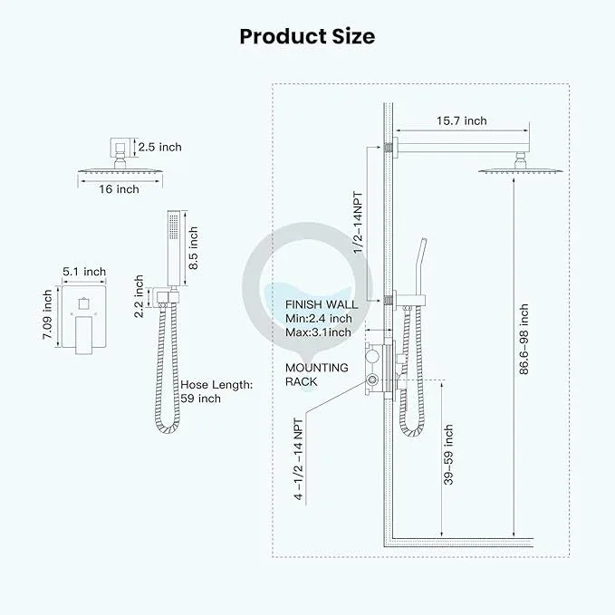 gotonovo Rainfall Bathroom Shower System Rain Shower Head and Handle Set Wall Mounted Shower Complete Combo Solid Brass Pressure Balancing Shower Mixer Valve 16 Inch Matte Black - ModernBath