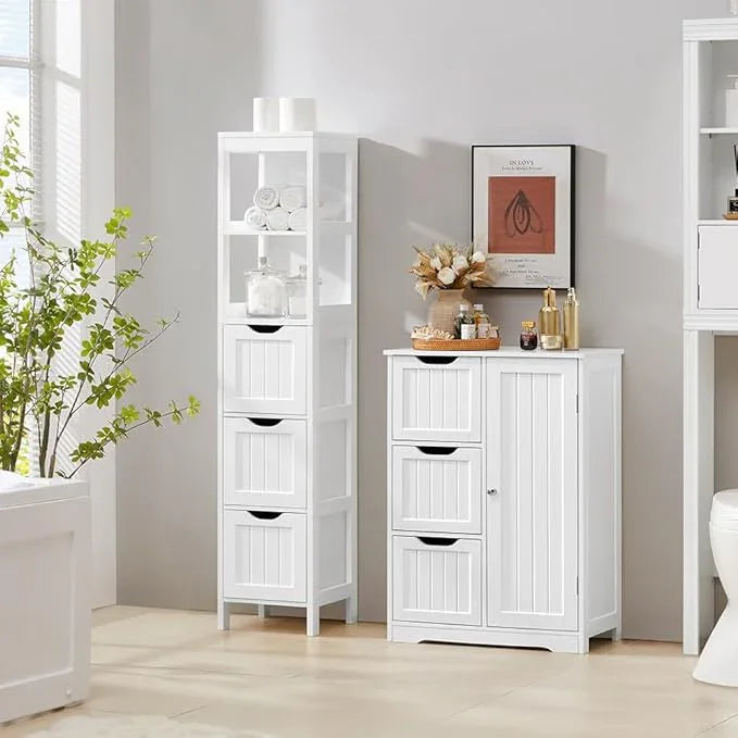 Yaheetech Bathroom Tall Cabinet, Slim Storage Cabinet, Narrow Freestanding Floor Cabinet with 3 Drawers & 2 Shelves, Linen Tower for Small Space, 12" D x 12" W x 56" H, White - ModernBath
