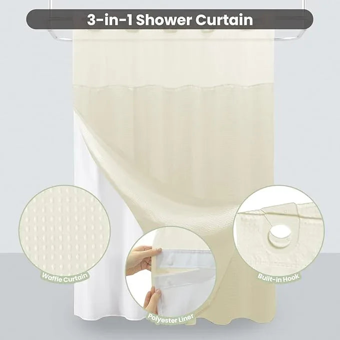 Inhousolu No Hook Shower Curtain with Snap in Fabric Liner Set Waffle Weave 230GSM Weighted Hem, Waterproof & Washable Bathroom Curtain Spa Luxury with Mesh Top Window 72" W x 72" L Ivory - ModernBath