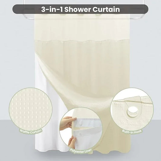 Inhousolu Long No Hook Shower Curtain with Snap in Fabric Liner Set Waffle Weave 230GSM Weighted Hem, Waterproof & Washable Bathroom Curtain Spa Luxury with Mesh Top Window 72" W x 78" L Ivory - ModernBath