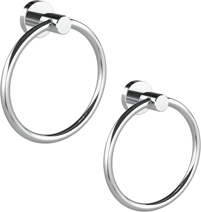 Chrome Hand Towel Holder for Bathroom (2 Pack) Kitchen Towel Ring Modern Rounded Base Wall Mount SUS304 Stainless Steel - ModernBath