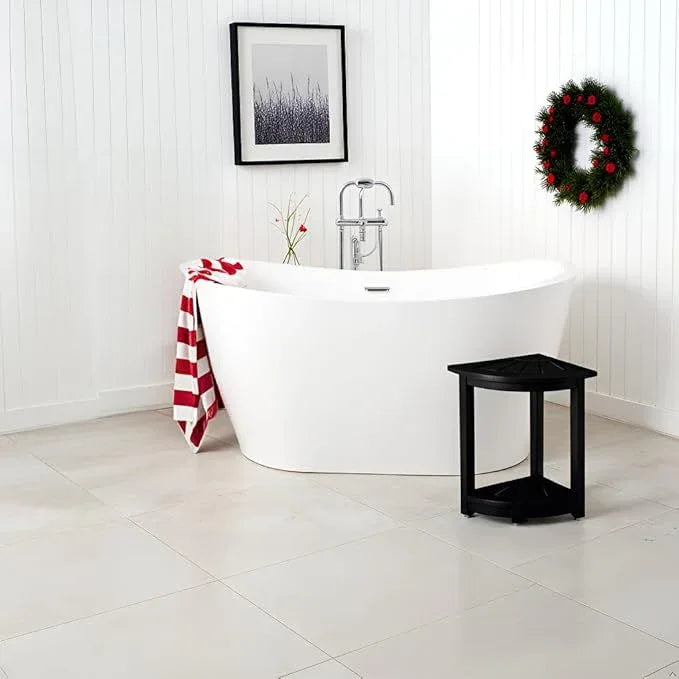 VICTORY RELAX Acacia Wood Corner Shower Stool - Waterproof Triangular Bathroom Bench with Storage Shelf & Soap Dish for Shaving, Black Wood (17.9x12.7x16.5) - ModernBath