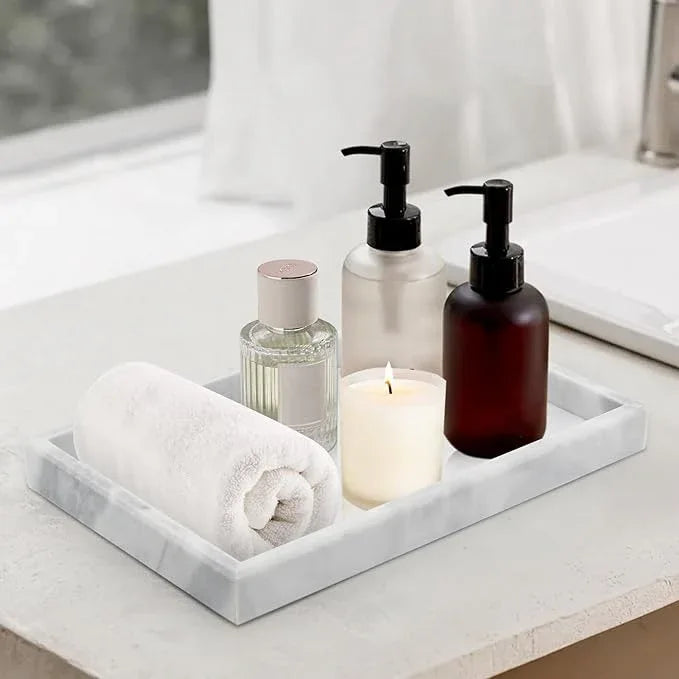MULWR Marble Bathroom Tray,Pure Natural Marble Vanity Tray,Marble Tray for Kitchen Counter Non-Ceramic/Non-Resin,Stone Tray 12 x 8 inch (White) - ModernBath