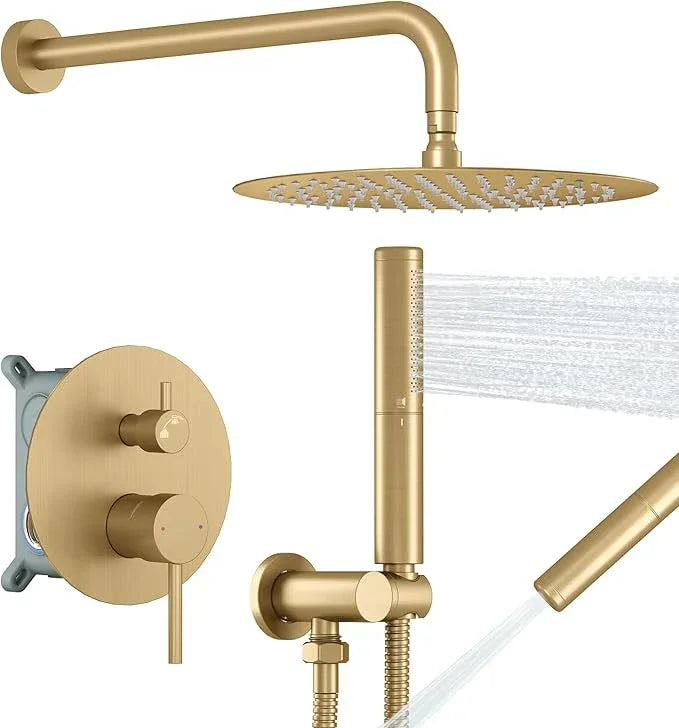 BESy Shower System with 10 Inch Round Rain Shower Head and Handheld Wall Mounted, High Pressure Rainfall Shower Faucet Fixture Combo Set with 2 in 1 Handheld Showerhead for Bathroom, Brushed Gold - ModernBath