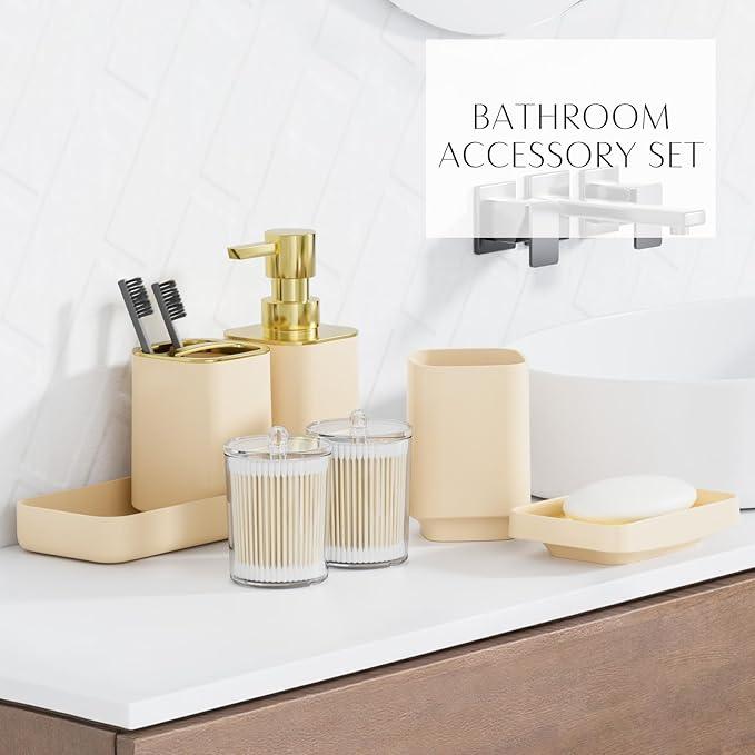 9PCS Bathroom Accessory Set, Beige Bathroom Set with Large-Capacity 4 Gallon Trash Can, Bathroom Accessories Set Complete, Toothbrush Holder, Soap Dispenser, Toilet Brush, Bathroom Decor - ModernBath