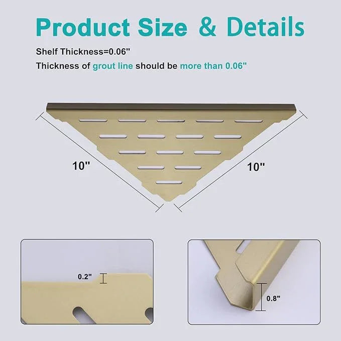 10" Corner Shower Shelf, 2-Pack Bathroom Shelves for Tile Walls, SUS304 Stainless Steel Recessed Shower Shelf, Grout in Corner Organizer Shelves, Brushed Gold - ModernBath
