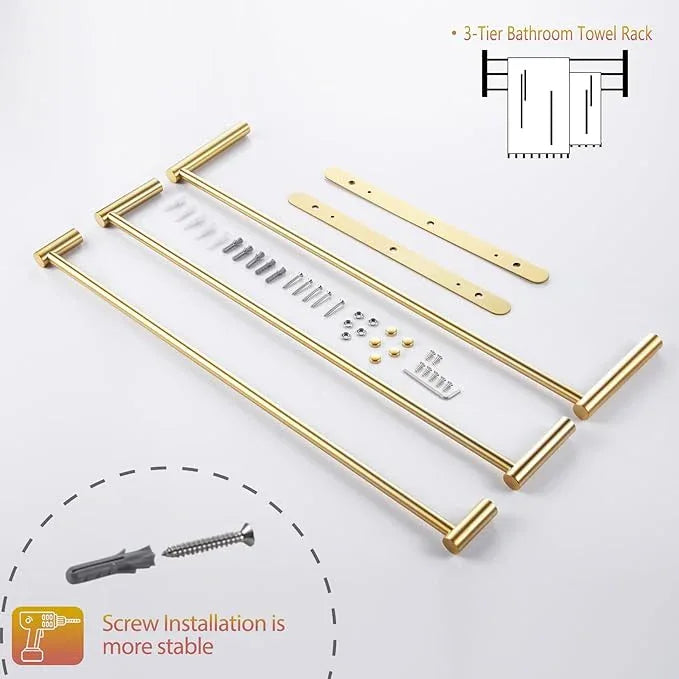 KOKOSIRI Bath Towel Bars Bathroom 3-Tiers Ladder Towel Holder Rails Wall Mounted Towels Shelves Rack Stainless Steel, Brushed Gold, B5002BG-L24 - ModernBath