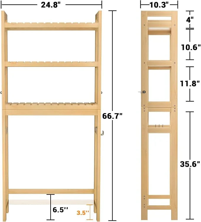 Homykic Over The Toilet Storage, 3-Tier Bamboo Bathroom Shelf with 3 Hooks, Above Toilet Organizer Rack Freestanding for Small Space, Restroom, Laundry, Easy Assembly, Natural - ModernBath