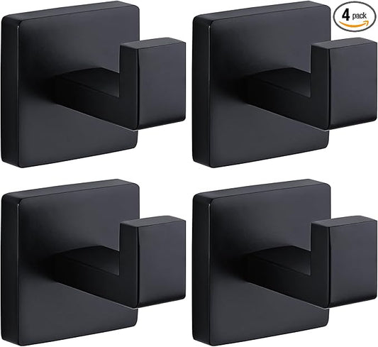 Fenas Towel Hooks for Bathrooms Robe Hook Coat Hook 4 Pack Matte Black Stainless Steel Heavy Duty Wall Mounted Square Hooks for Bathroom Kitchen Bedroom