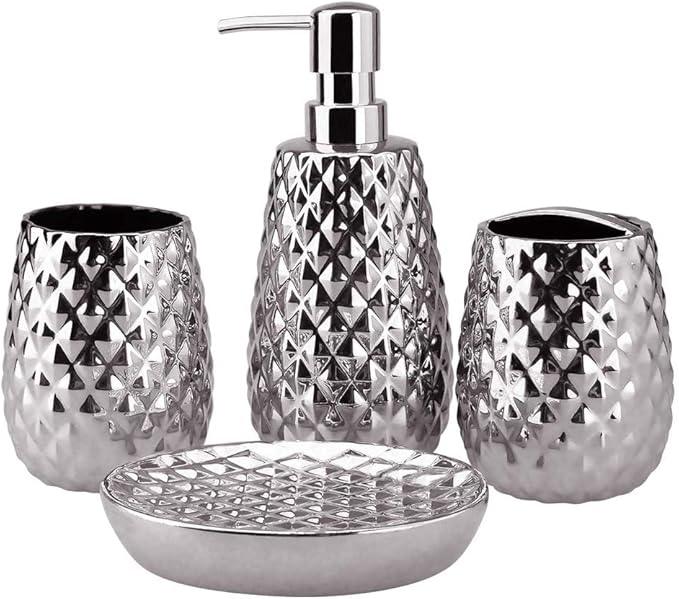 Silver Bathroom Accessories Set, Moroccan Trellis Bathroom Ensemble Complete Sets for Bath Decor Includes Soap Dispenser Pump, Toothbrush Holder, Tumbler, Soap Dish, Ideas Home Gift - ModernBath