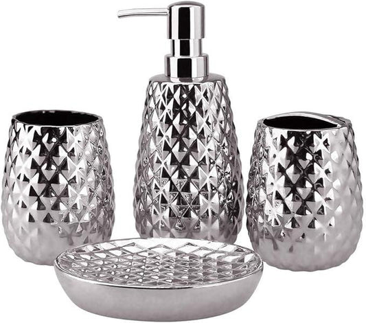 Silver Bathroom Accessories Set, Moroccan Trellis Bathroom Ensemble Complete Sets for Bath Decor Includes Soap Dispenser Pump, Toothbrush Holder, Tumbler, Soap Dish, Ideas Home Gift - ModernBath
