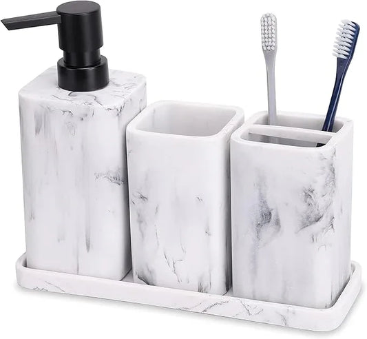 ZCCZ Bathroom Accessory Sets, 4 Pieces Bathroom Accessories Complete Set Vanity Countertop Accessory Set with Marble Look, Includes Lotion Dispenser Soap Pump, Tumbler, Toothbrush Holder and Tray - ModernBath