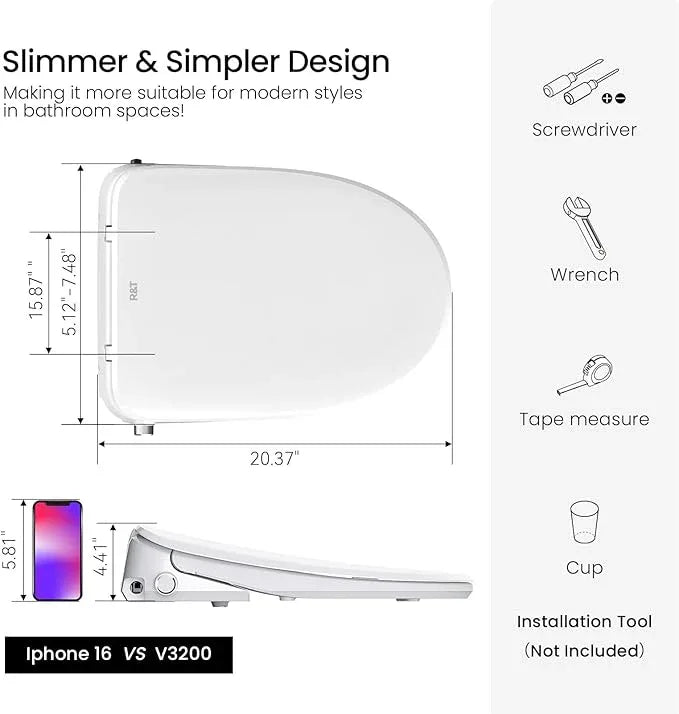 R&T V3200 Elongated Bidet Toilet Seat, Electric Bidet Seat with Adjustable Warm Water, Air Dryer, Heated Seat, Night Light, Deodorization - ModernBath