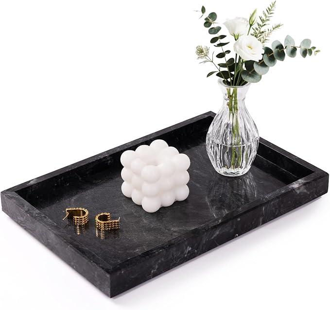 Homaura Marble Bathroom Tray for Countertop & Home Decor, Natural Decorative Marble Tray for Jewelry & Perfume Organizer, Luxury Stone Vanity Trays for Dresser, Kitchen Counter, 12" x 8", Gray Black - ModernBath