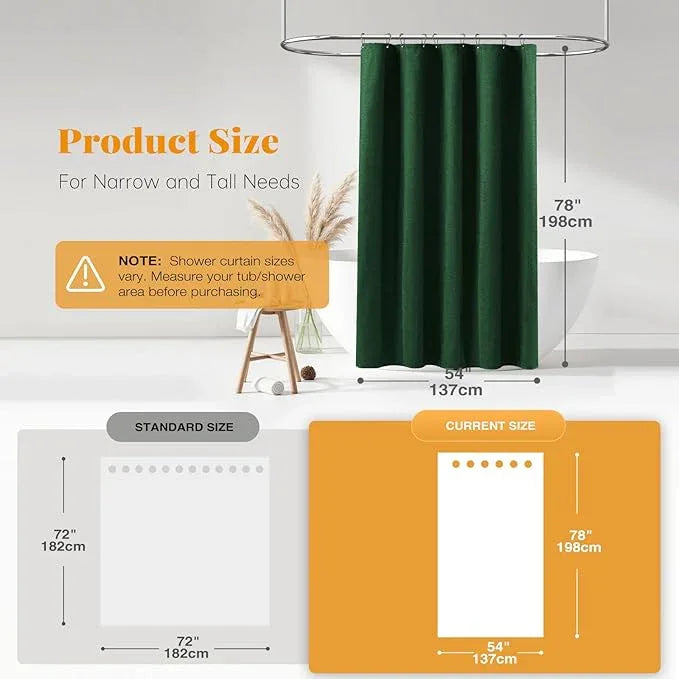 BTTN Stall Fabric Shower Curtain, 54x78 Inch Long Linen Textured Heavy Duty Thick Shower Curtain Set with 10 Plastic Hooks, Hotel Weighted Waterproof Neutral Bath Curtains for Bathroom, Emerald Green - ModernBath