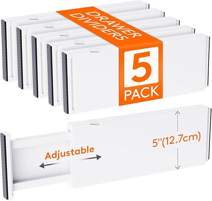 Lifewit 5 Pack 5" High Drawer Divider, 13.5-22" Expandable Deep Drawer Dividers for Clothes, Adjustable Dresser Drawer Organizers, Clothing Drawer Separators for Dresser, Kitchen, Bedroom, White - ModernBath