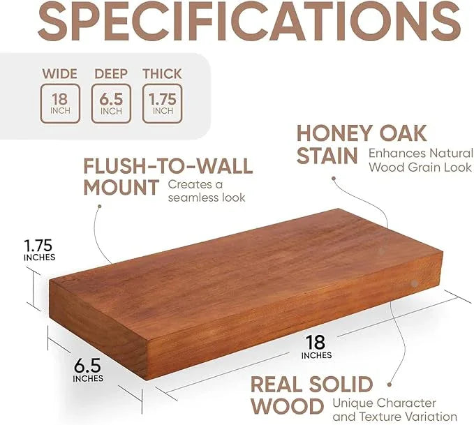 Homeforia 18 inch Floating Shelf Oak, High End Solid Real Wood 18inch Long Floating Shelves for Wall Mounted, Honey Oak Wooden 18in Floating Shelves, Heavy Duty Bracket, 18 X 6.5 X 1.75 inch, Set of 3 - ModernBath
