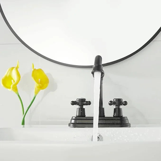 GGStudy Bathroom Faucet Matte Black 2 Handles 4 Inches Centerset Black Bathroom Vanity with Drain Assembly and Supply Hose Lavatory Faucet - ModernBath