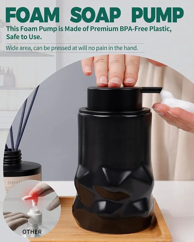 BosilunLife Hand Soap Dispenser - Foam Soap Dispenser Bathroom Ceramic Dish Liquid Soap Dispenser for Kitchen, Bathroom Countertop Soap Dispensers (Black-Foam-Sculpt) - ModernBath