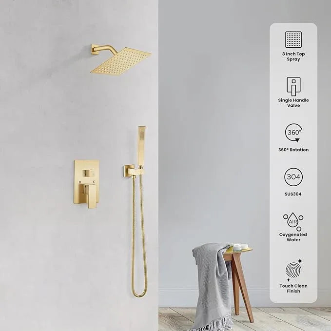 gotonovo Rainfall Bathroom Shower System Rain Shower Head and Handle Set Wall Mounted Shower Complete Combo Solid Brass Pressure Balancing Shower Mixer Valve 8 Inch Brushed Gold - ModernBath