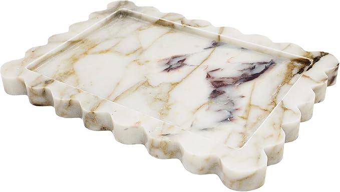 YMXYJM Genuine Calacatta Viola Scalloped Marble Tray, Real Natural Marble Stone Tray, Luxury Decorative Trays for Bathroom, Dresser, Vanity, Kitchen, Home Decor, 10.6" x 8", Calacatta Gold - ModernBath
