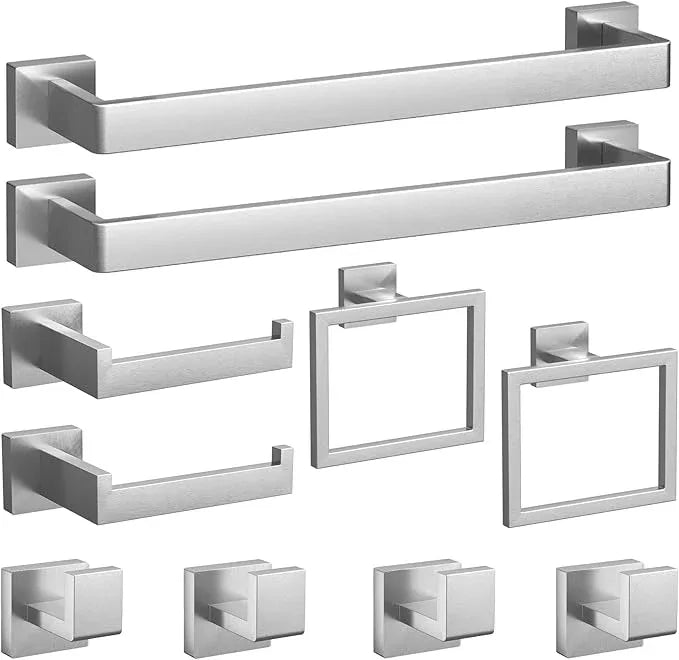 Bathroom Hardware Set Brushed Nickel 10-Pieces Bathroom Towel Rack SUS304 Stainless Steel Bath Towel Bar Set, Towel Racks Wall Mounted. - ModernBath