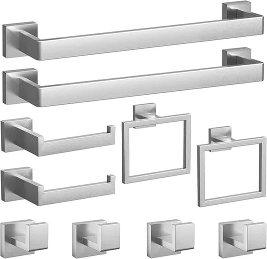 Bathroom Hardware Set Brushed Nickel 10-Pieces Bathroom Towel Rack SUS304 Stainless Steel Bath Towel Bar Set, Towel Racks Wall Mounted. - ModernBath